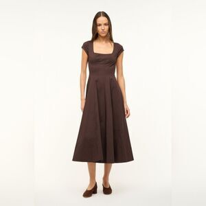 STAUD Wells Chocolate Brown Midi Dress SHORT SLEEVE EARTH